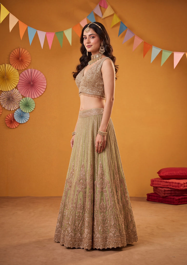 Cording Pista Green Net Stitched Lehenga Blouse With Dupatta