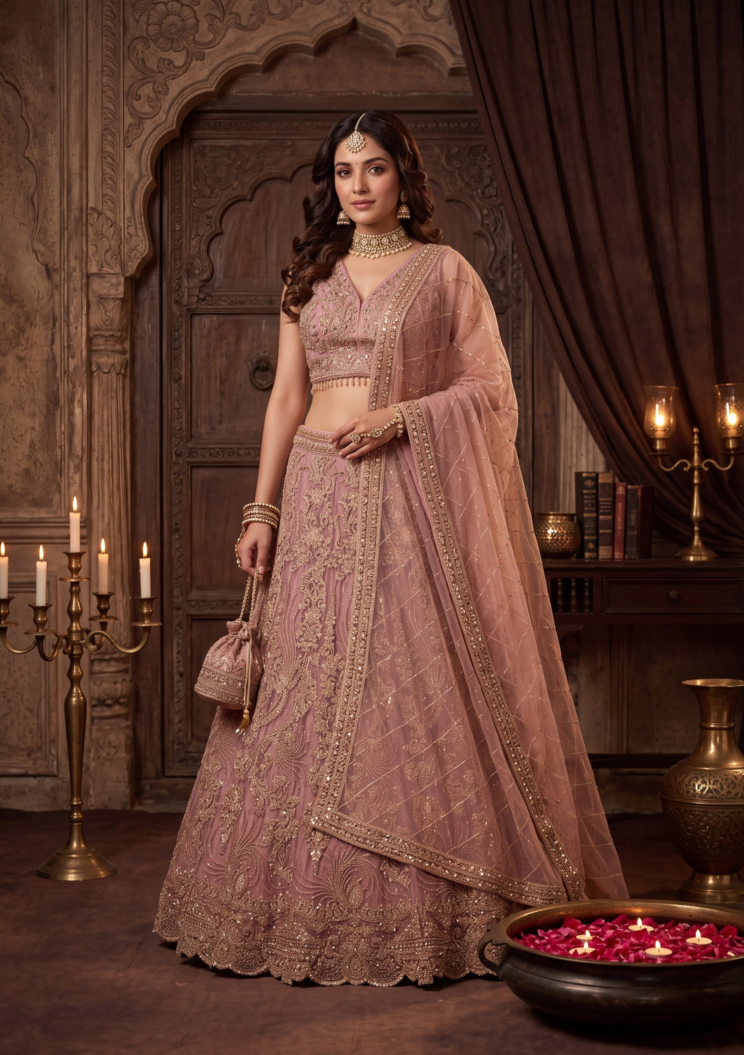 Cutdana Onion Pink Net Stitched Lehenga Blouse With Dupatta