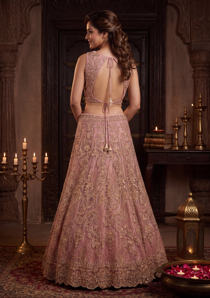 Cutdana Onion Pink Net Stitched Lehenga Blouse With Dupatta