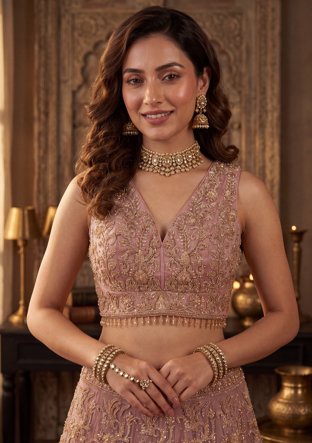 Cutdana Onion Pink Net Stitched Lehenga Blouse With Dupatta