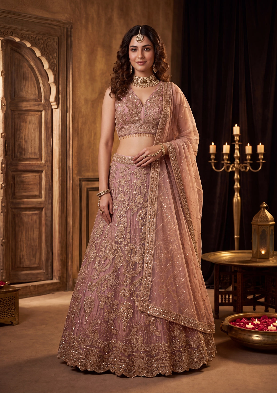 Cutdana Onion Pink Net Stitched Lehenga Blouse With Dupatta