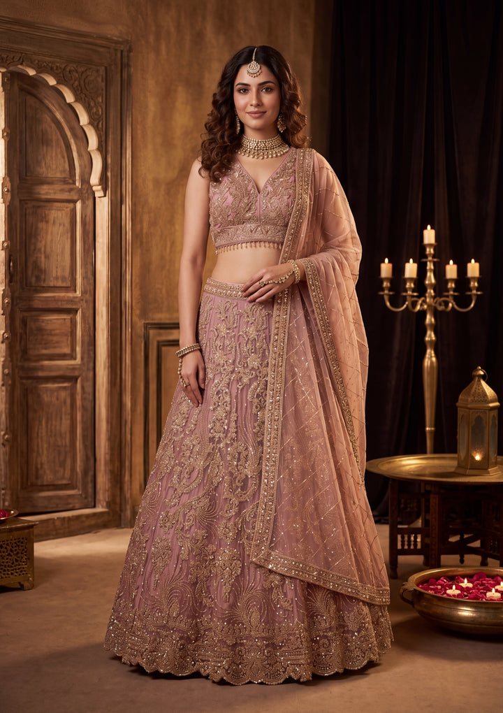 Cutdana Onion Pink Net Stitched Lehenga Blouse With Dupatta