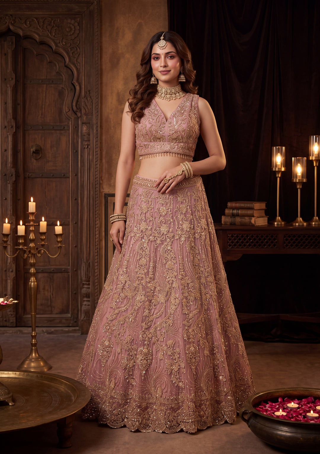 Cutdana Onion Pink Net Stitched Lehenga Blouse With Dupatta