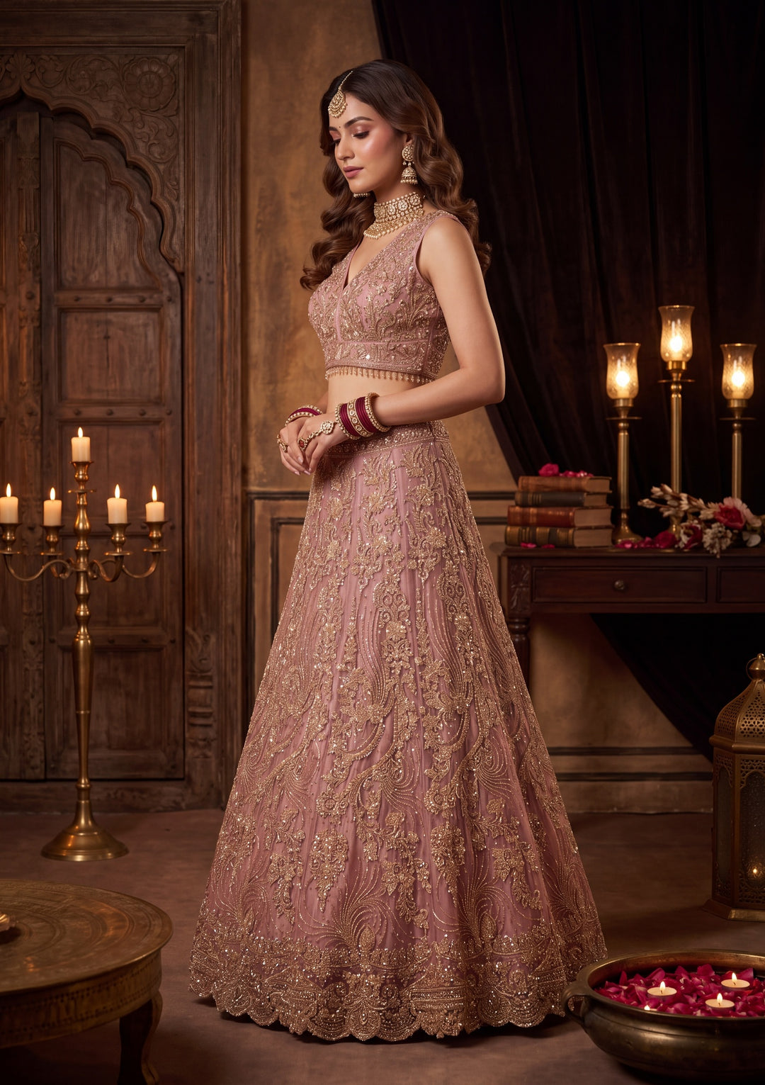 Cutdana Onion Pink Net Stitched Lehenga Blouse With Dupatta