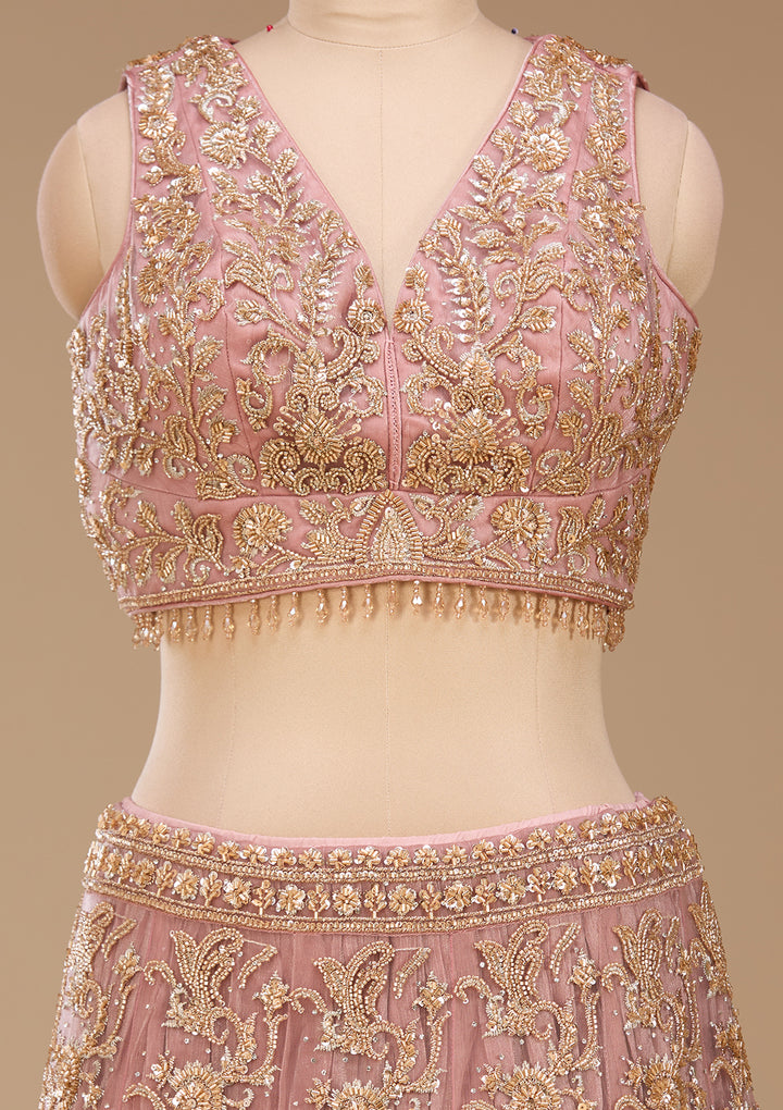Cutdana Onion Pink Net Stitched Lehenga Blouse With Dupatta