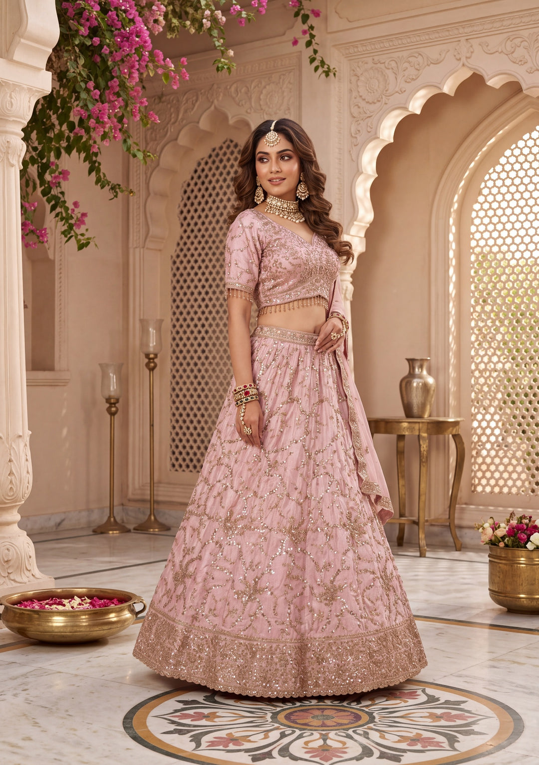 Cutdana Baby Pink Soft Raw Silk Stitched Lehenga Blouse With Dupatta