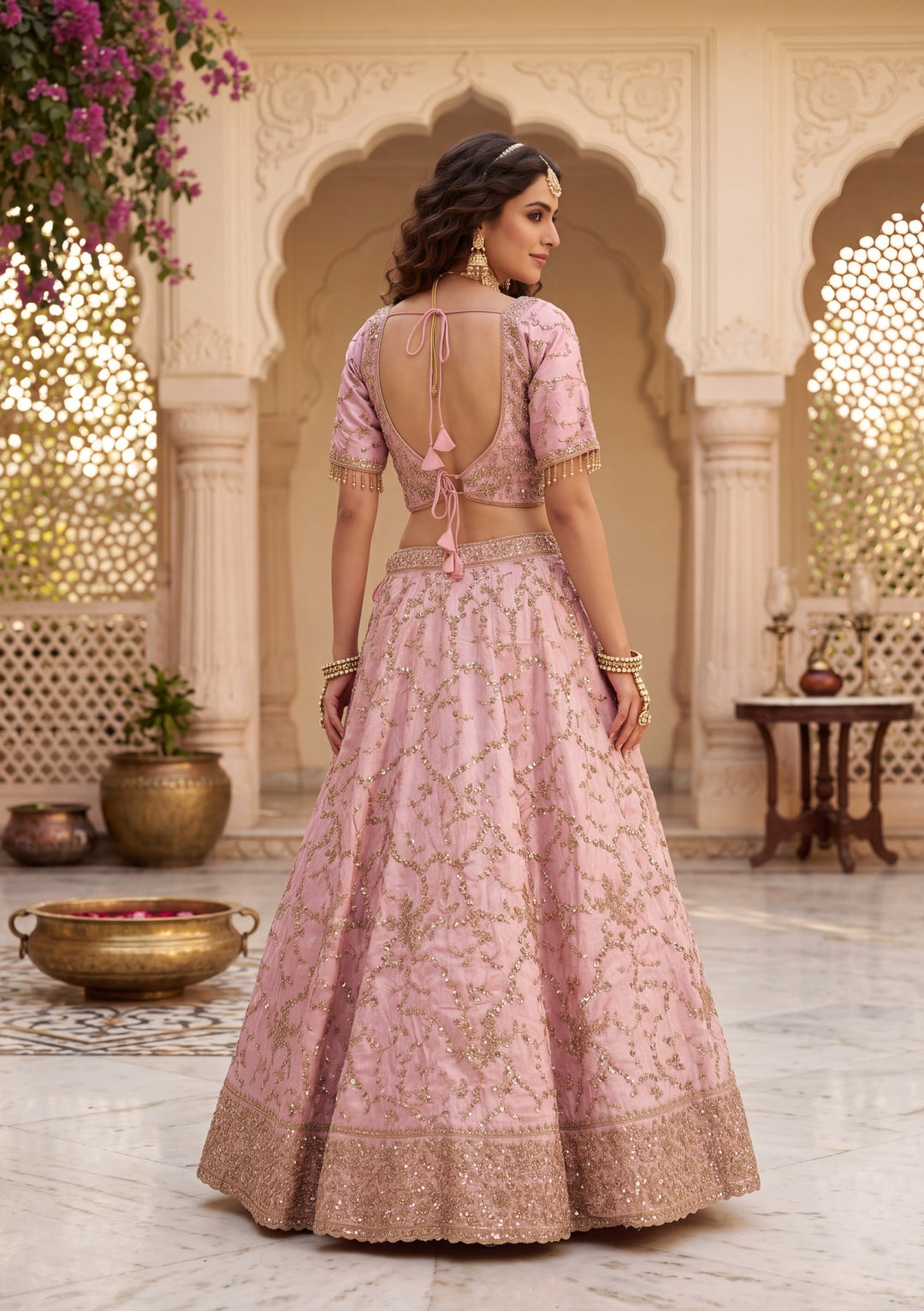 Cutdana Baby Pink Soft Raw Silk Stitched Lehenga Blouse With Dupatta