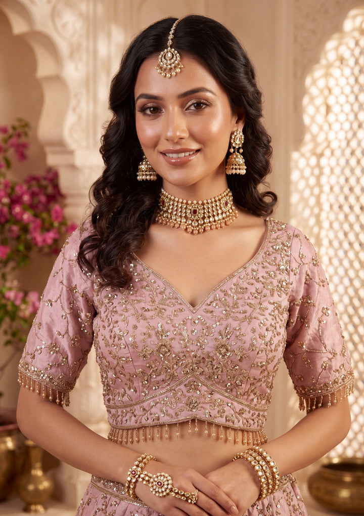 Cutdana Baby Pink Soft Raw Silk Stitched Lehenga Blouse With Dupatta