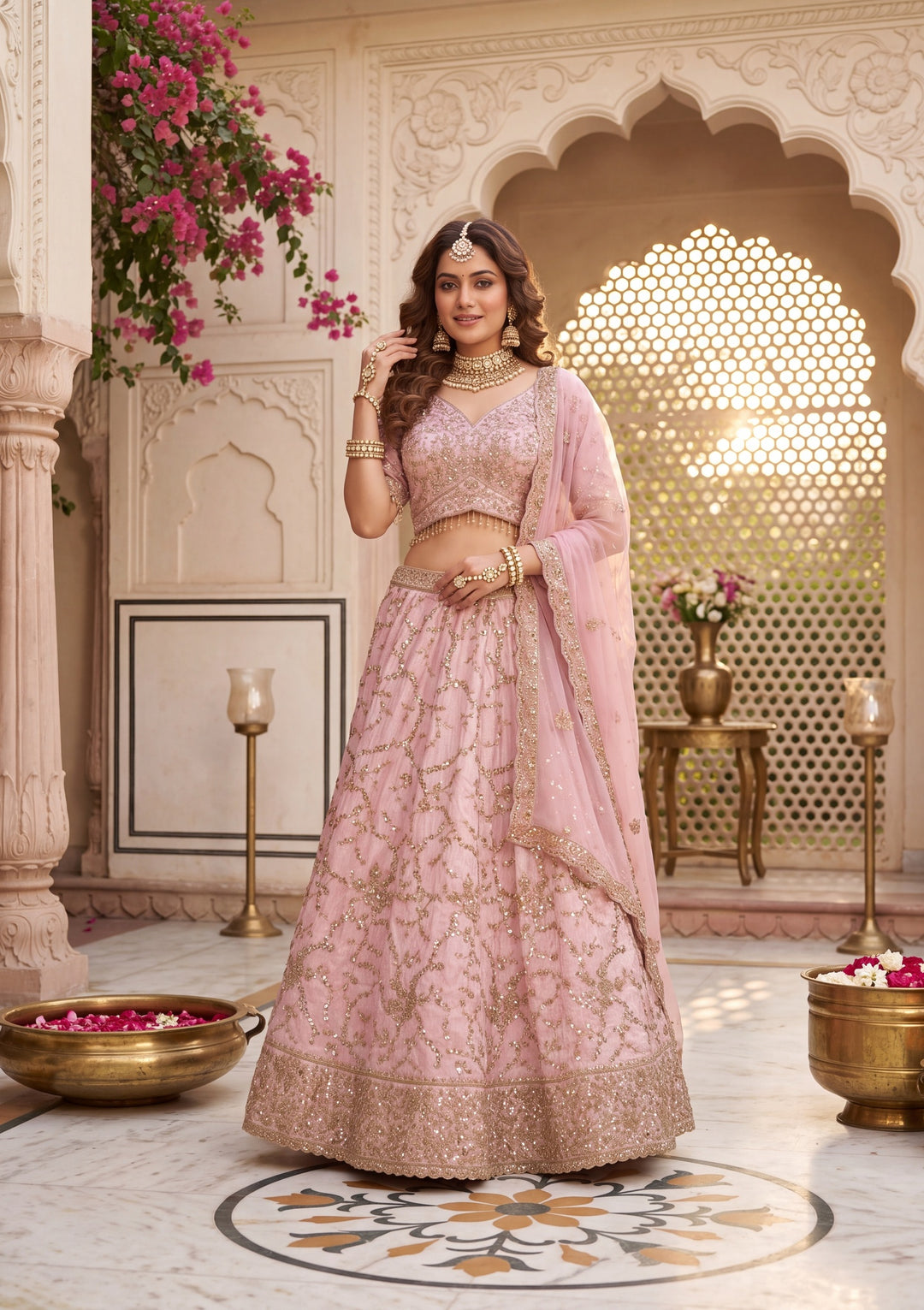 Cutdana Baby Pink Soft Raw Silk Stitched Lehenga Blouse With Dupatta