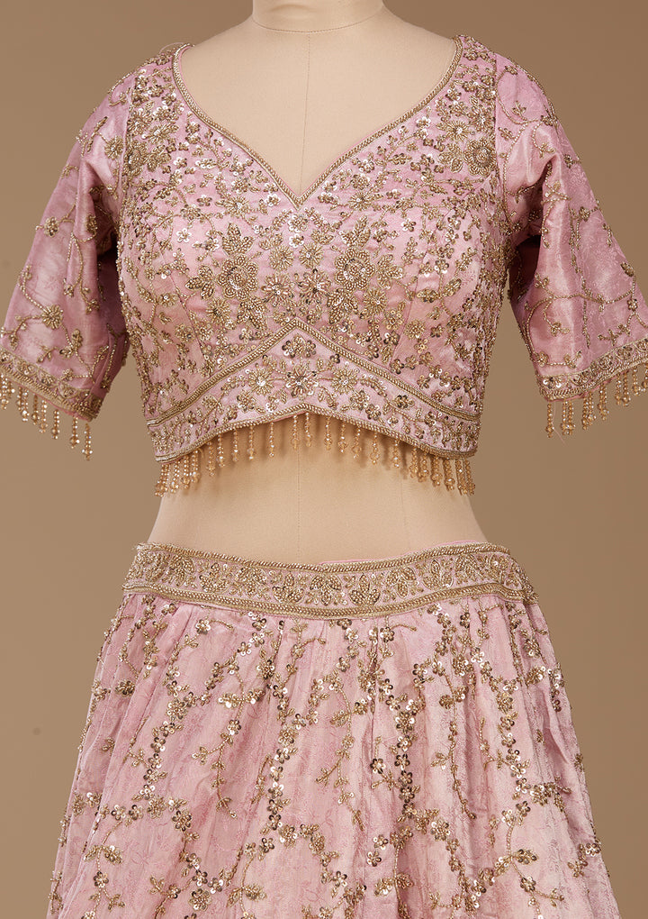 Cutdana Baby Pink Soft Raw Silk Stitched Lehenga Blouse With Dupatta