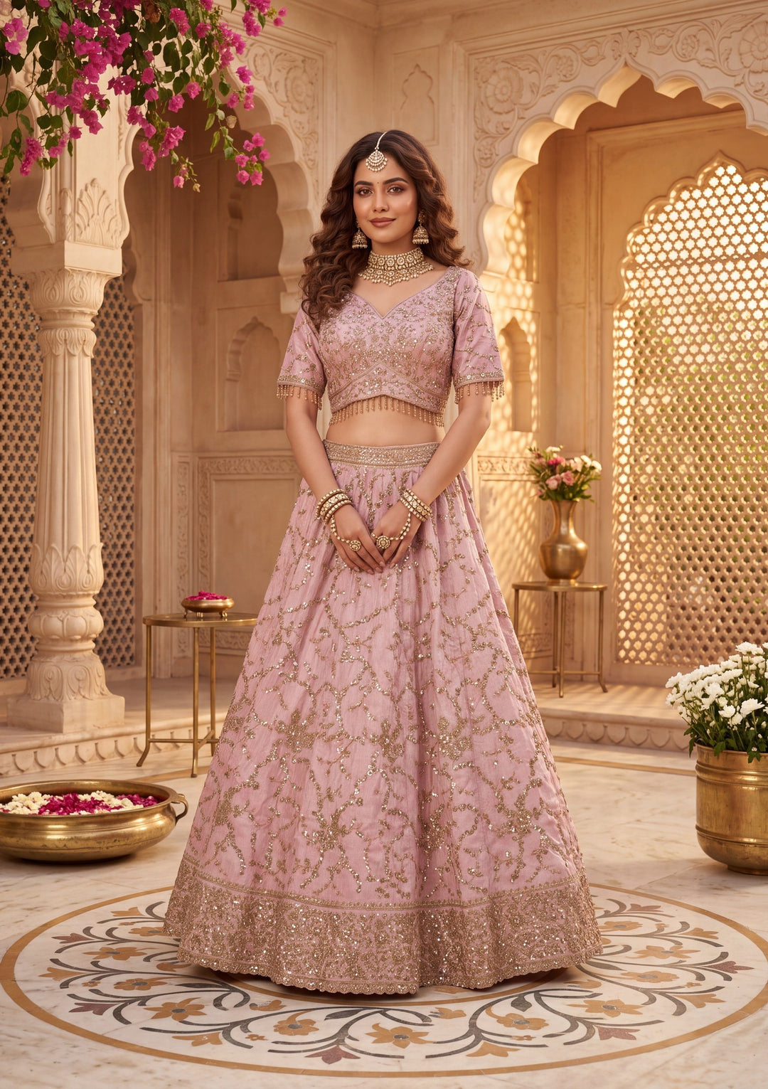 Cutdana Baby Pink Soft Raw Silk Stitched Lehenga Blouse With Dupatta