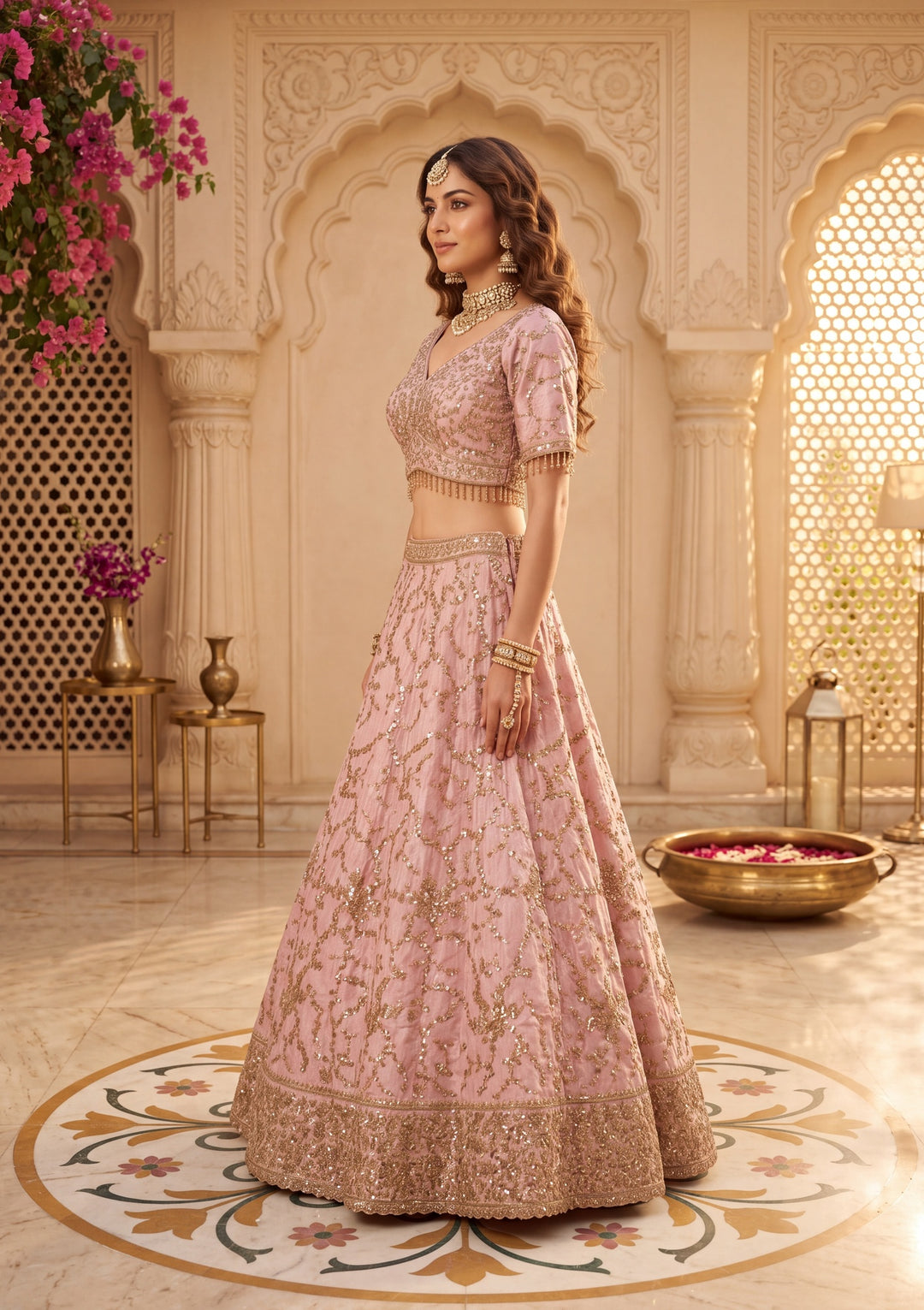 Cutdana Baby Pink Soft Raw Silk Stitched Lehenga Blouse With Dupatta
