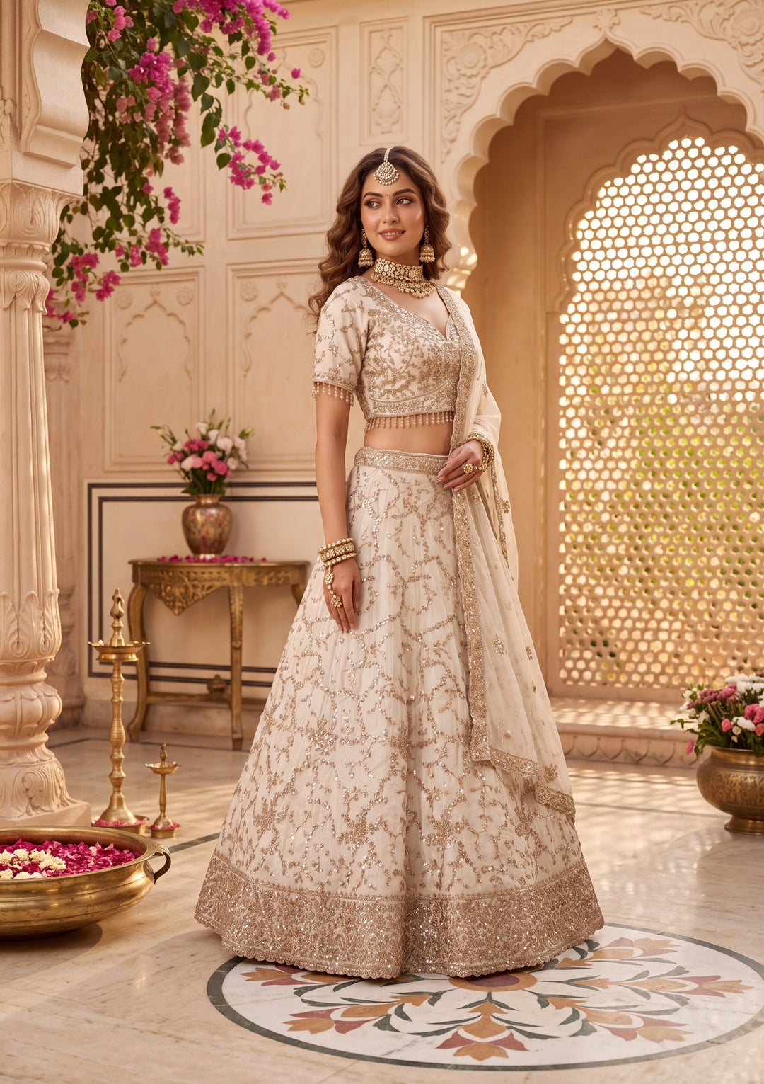 Cutdana Off White Soft Raw Silk Stitched Lehenga Blouse With Dupatta