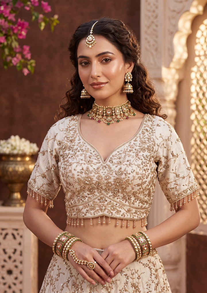 Cutdana Off White Soft Raw Silk Stitched Lehenga Blouse With Dupatta