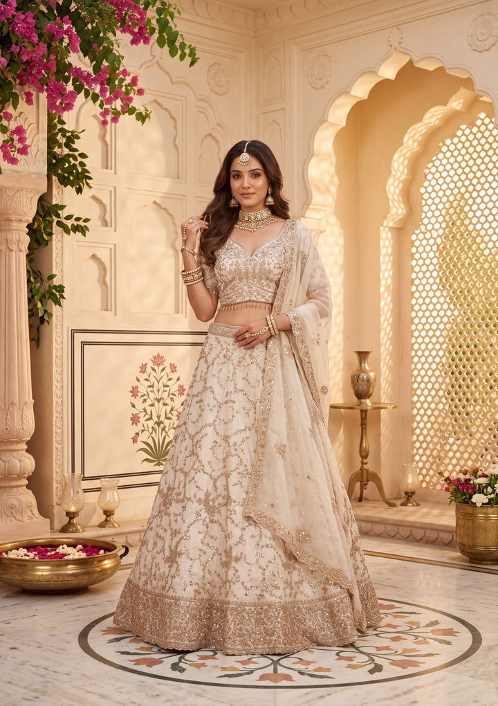 Cutdana Off White Soft Raw Silk Stitched Lehenga Blouse With Dupatta