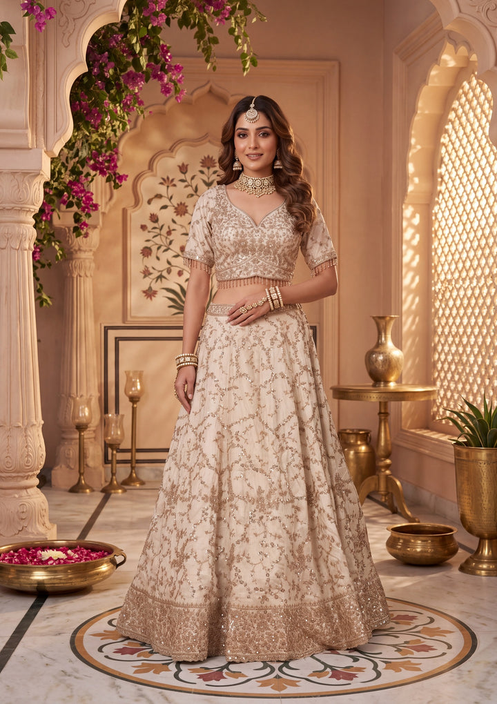 Cutdana Off White Soft Raw Silk Stitched Lehenga Blouse With Dupatta