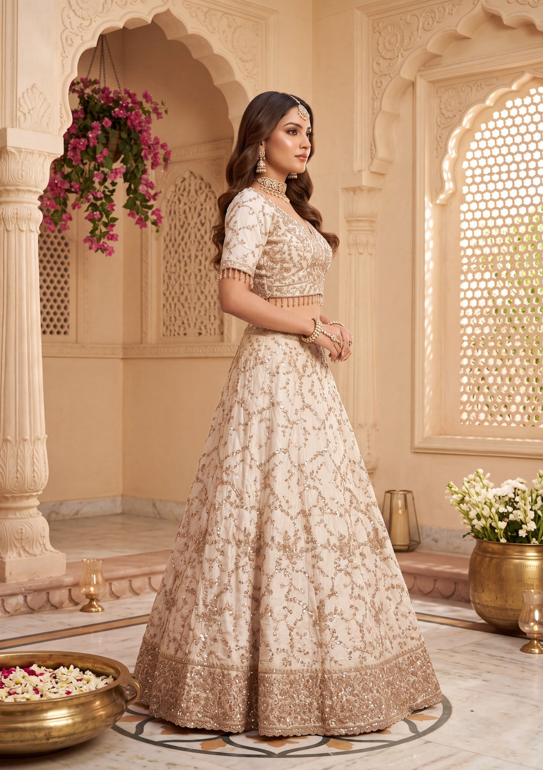 Cutdana Off White Soft Raw Silk Stitched Lehenga Blouse With Dupatta