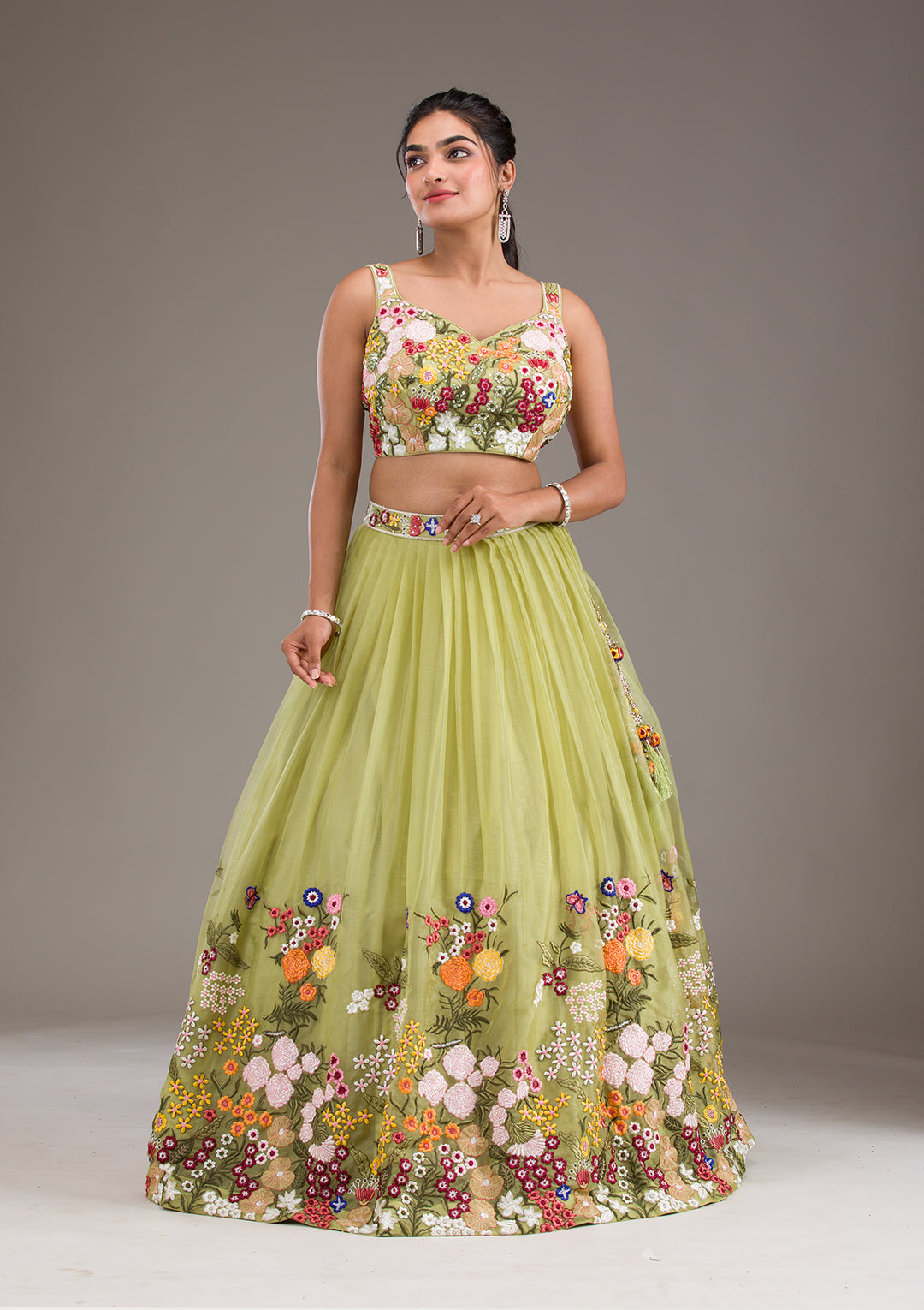 Pista Green Threadwork Tissue Readymade Lehenga