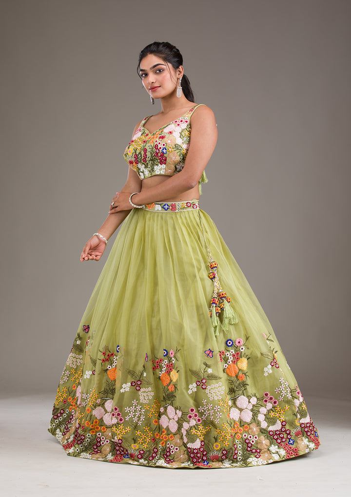 Pista Green Threadwork Tissue Readymade Lehenga