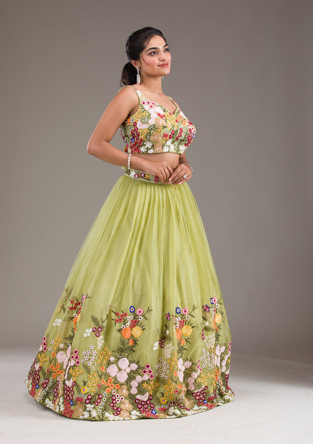 Pista Green Threadwork Tissue Readymade Lehenga