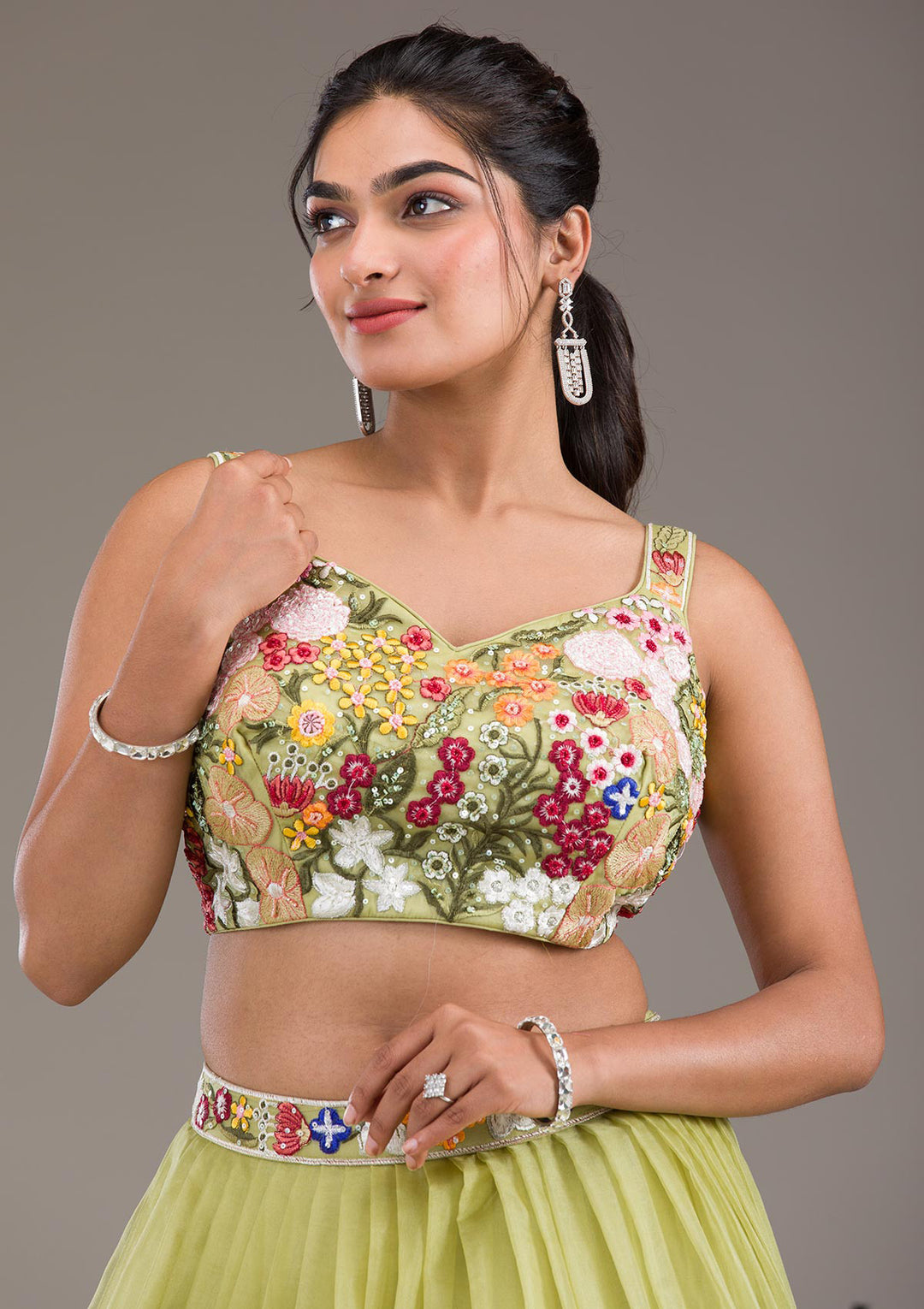 Pista Green Threadwork Tissue Readymade Lehenga