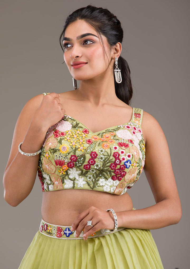 Pista Green Threadwork Tissue Readymade Lehenga