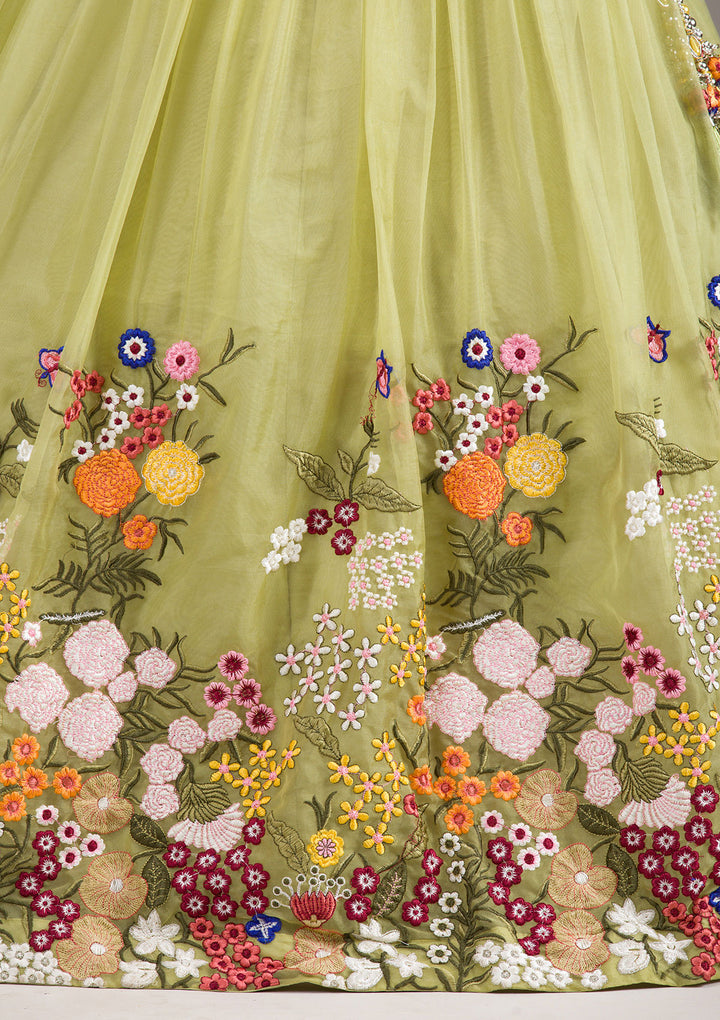 Pista Green Threadwork Tissue Readymade Lehenga