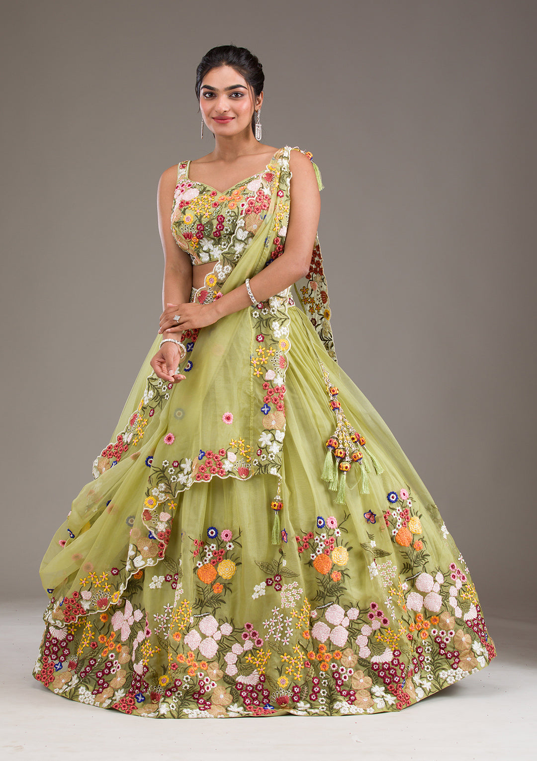 Pista Green Threadwork Tissue Readymade Lehenga