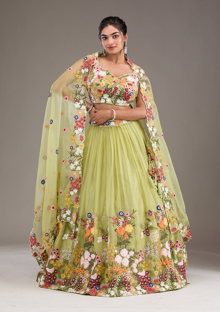 Pista Green Threadwork Tissue Readymade Lehenga