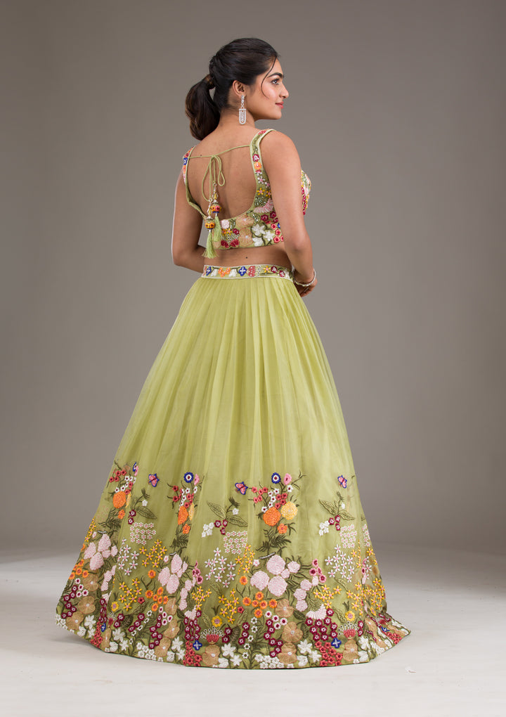 Pista Green Threadwork Tissue Readymade Lehenga