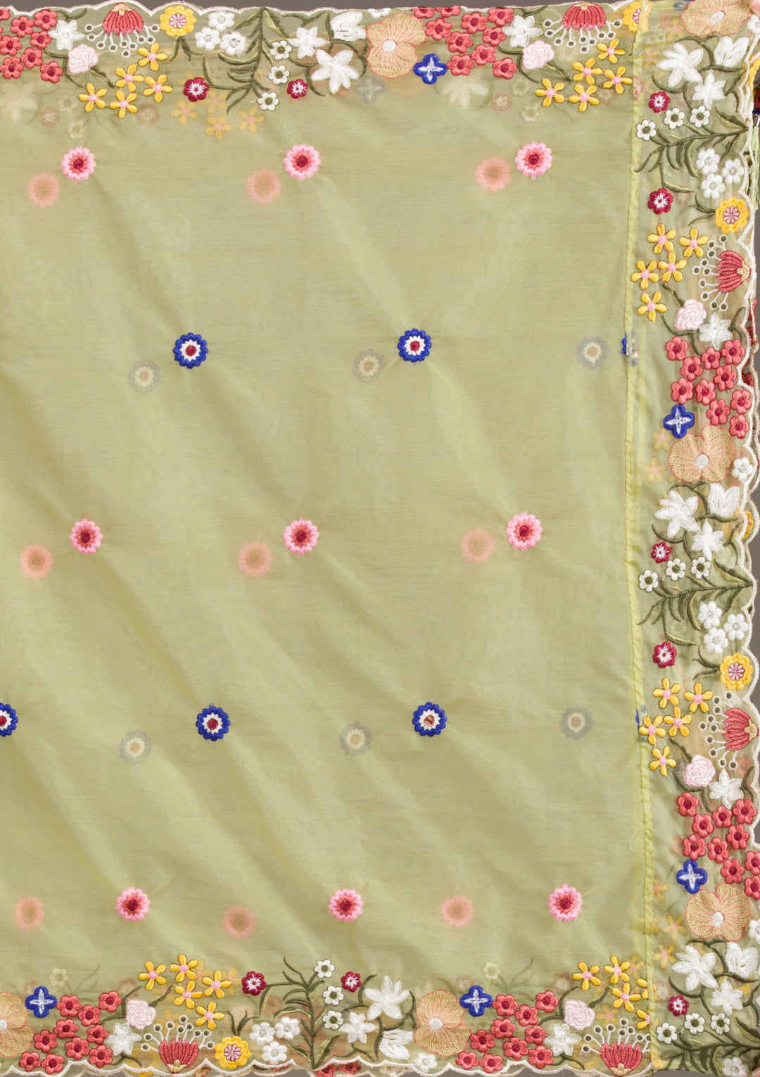 Pista Green Threadwork Tissue Readymade Lehenga