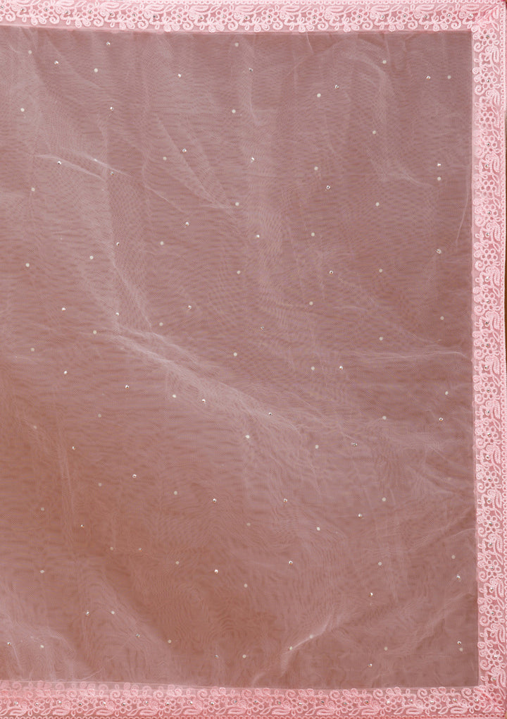 Baby Pink Threadwork Net Readymade Lehenga