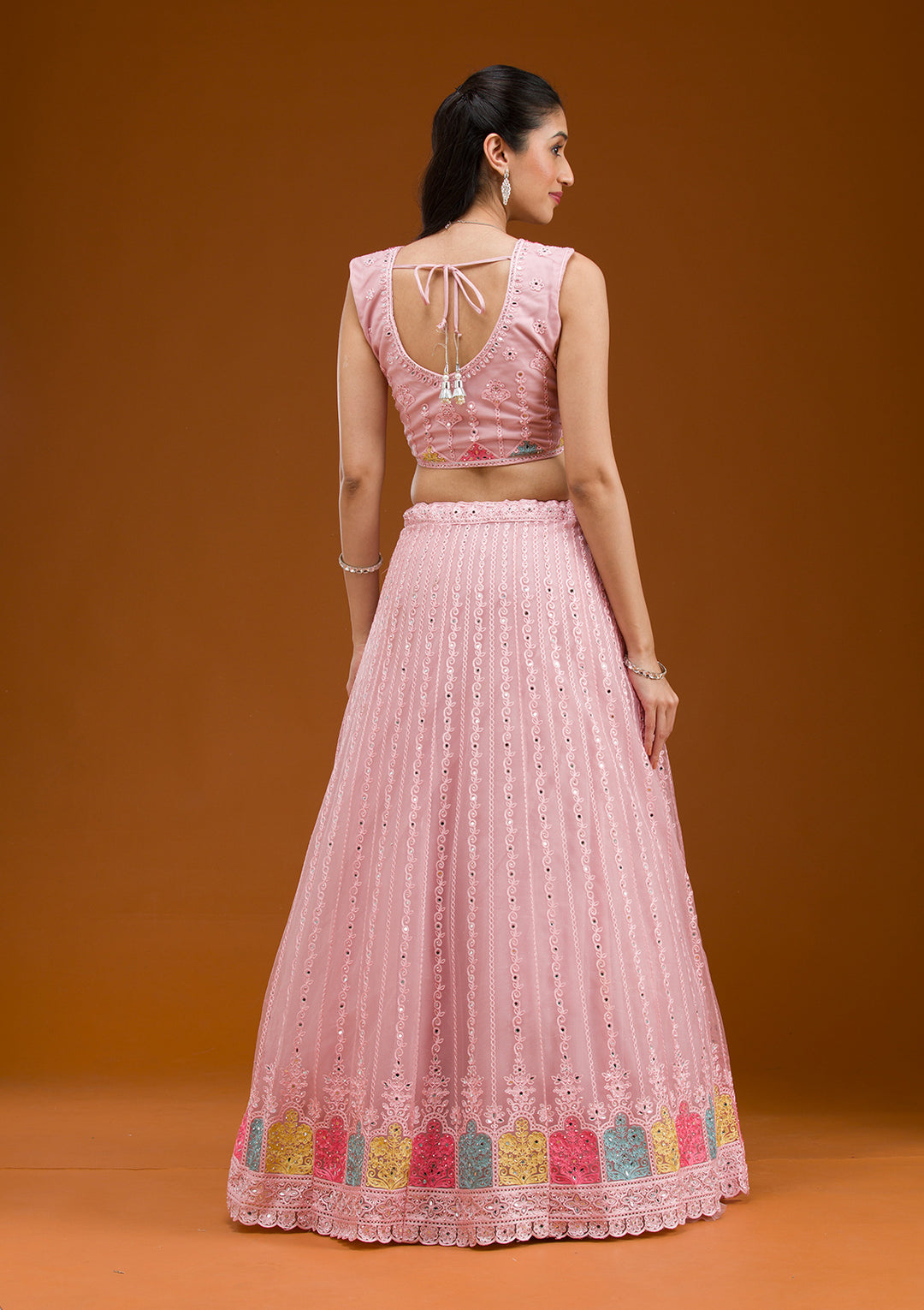 Baby Pink Threadwork Net Readymade Lehenga