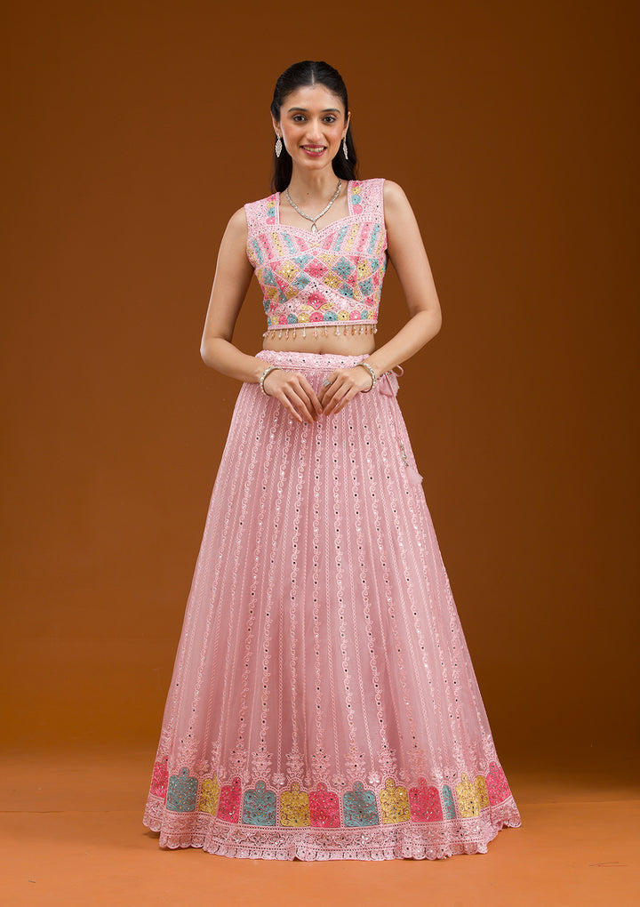 Baby Pink Threadwork Net Readymade Lehenga