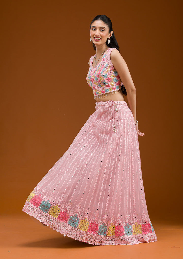 Baby Pink Threadwork Net Readymade Lehenga
