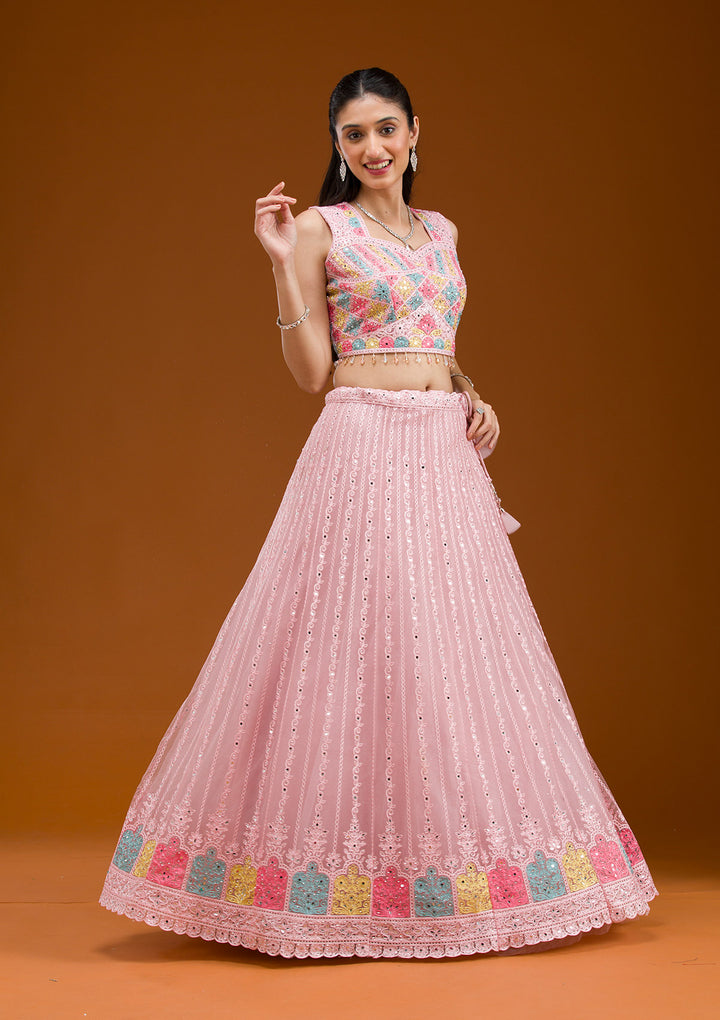 Baby Pink Threadwork Net Readymade Lehenga