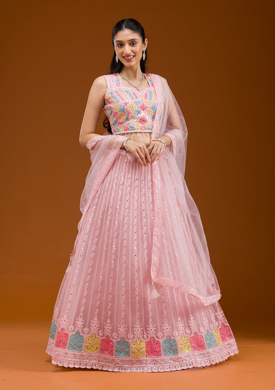 Baby Pink Threadwork Net Readymade Lehenga