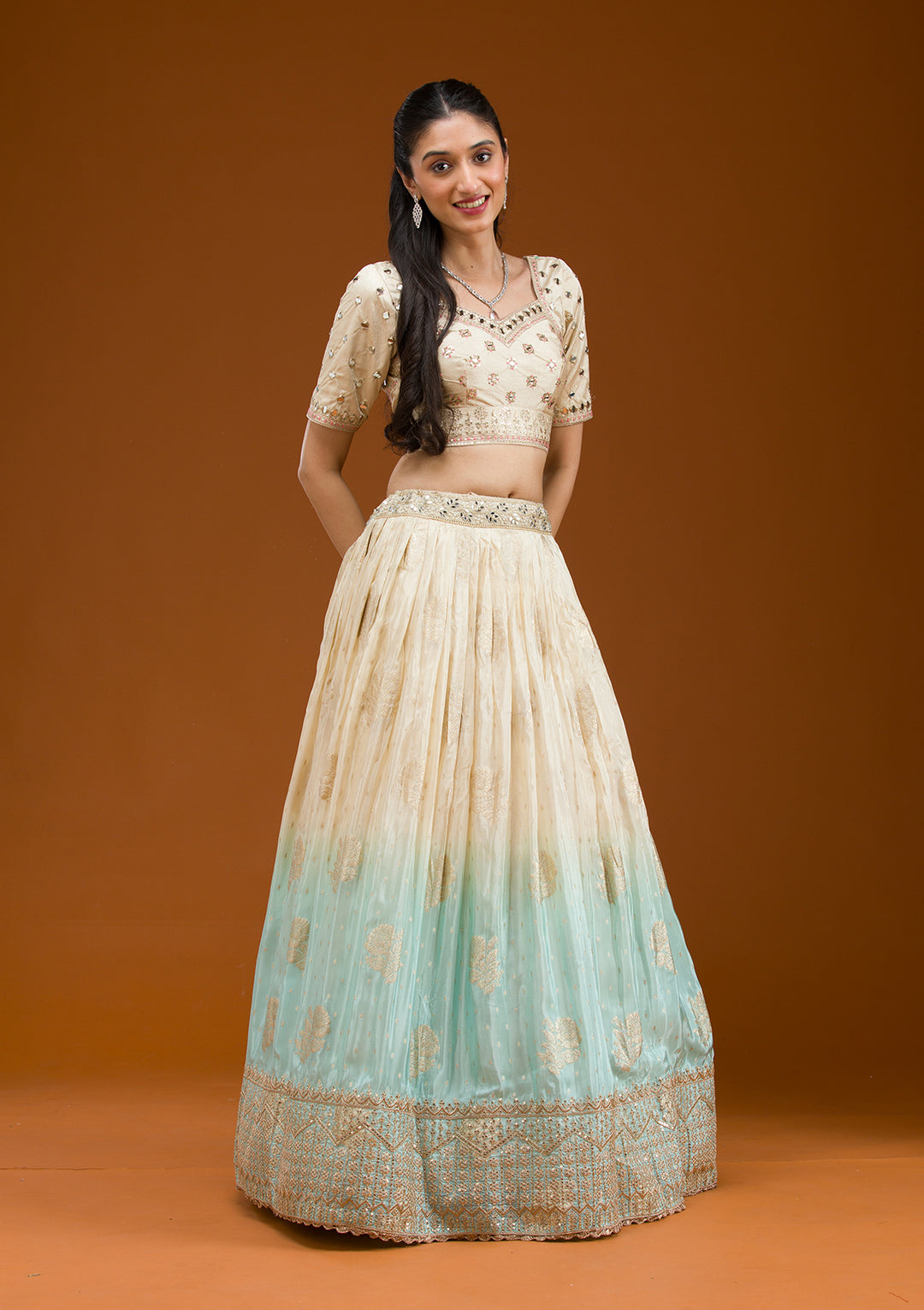 Gold Zariwork Off White Silk Stitched Lehenga Blouse With Dupatta