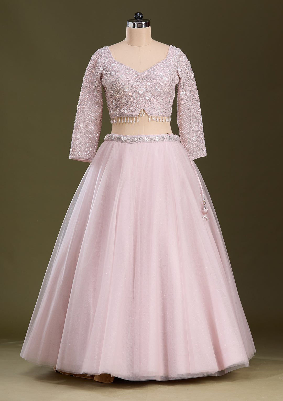 Baby Pink Silver Zariwork Net Readymade Lehenga