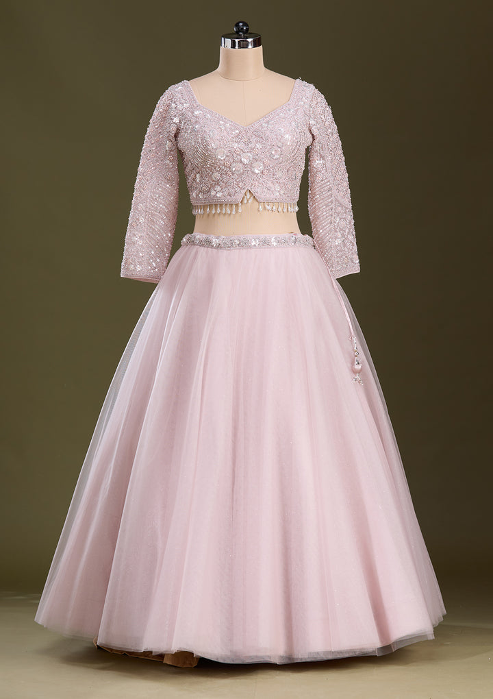 Baby Pink Silver Zariwork Net Readymade Lehenga
