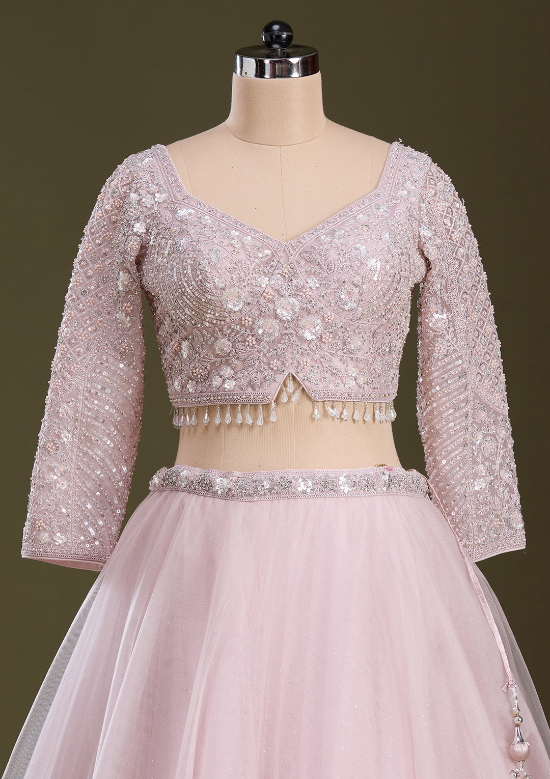 Baby Pink Silver Zariwork Net Readymade Lehenga