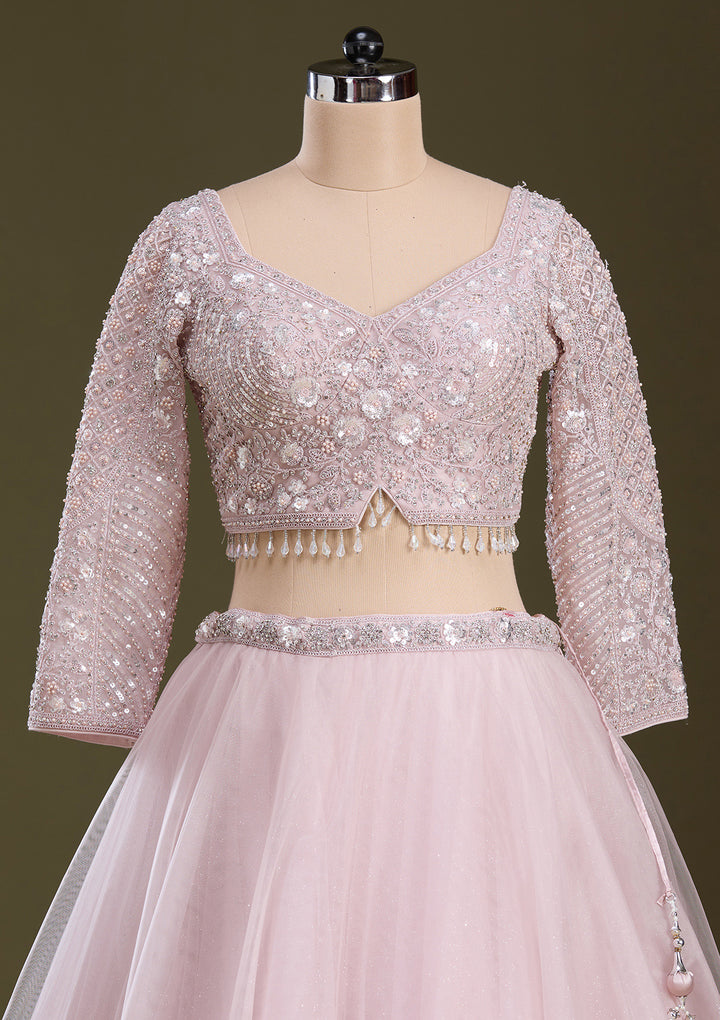 Baby Pink Silver Zariwork Net Readymade Lehenga