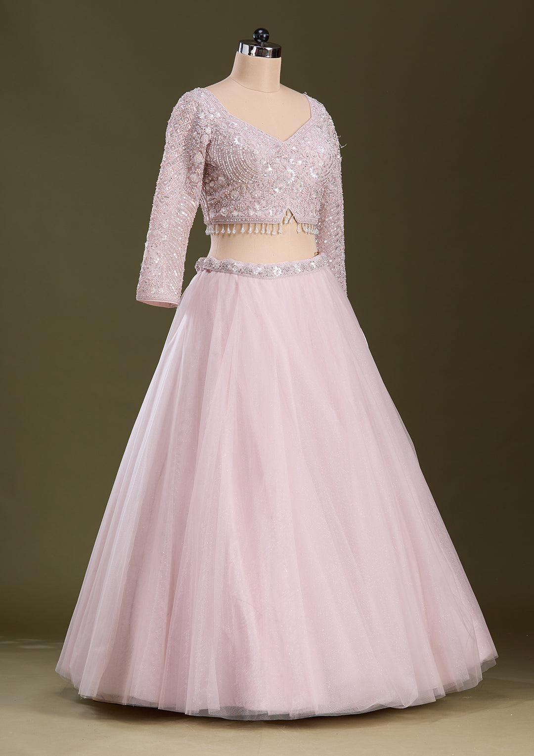 Baby Pink Silver Zariwork Net Readymade Lehenga