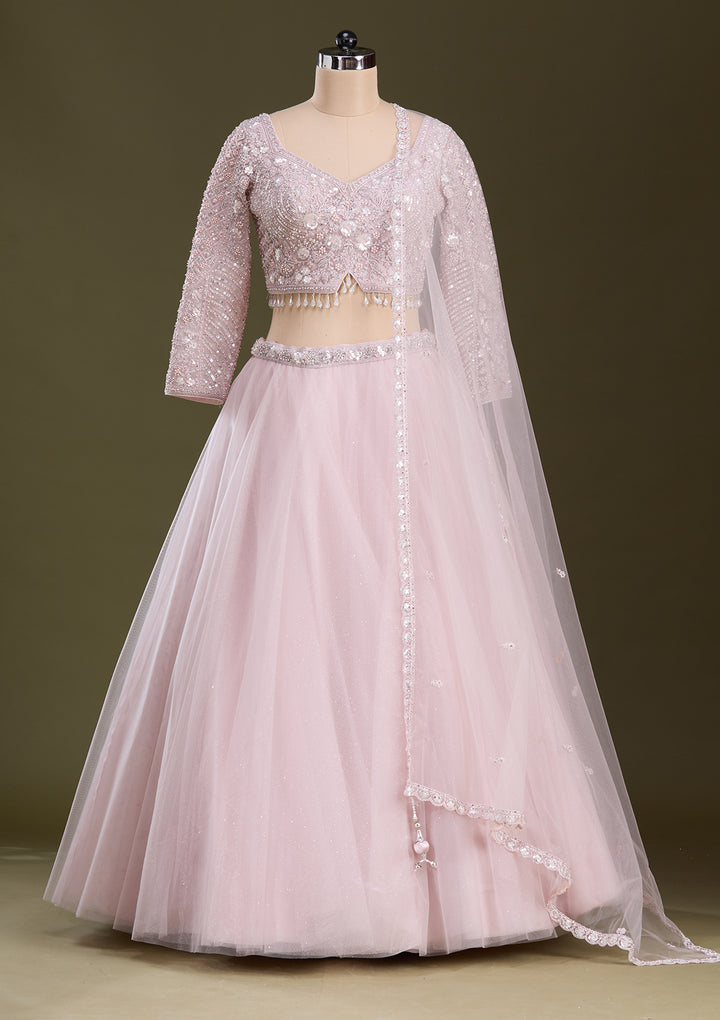 Baby Pink Silver Zariwork Net Readymade Lehenga