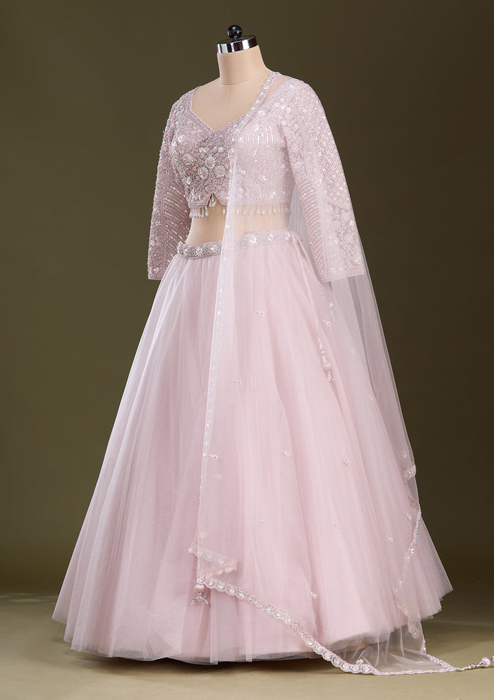 Baby Pink Silver Zariwork Net Readymade Lehenga