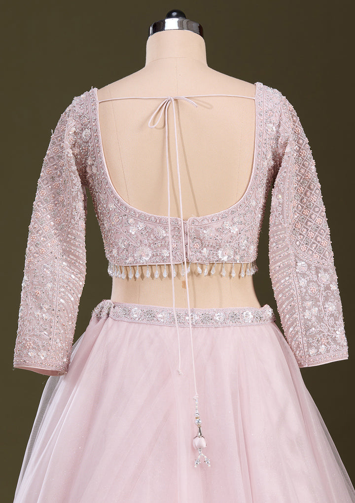 Baby Pink Silver Zariwork Net Readymade Lehenga