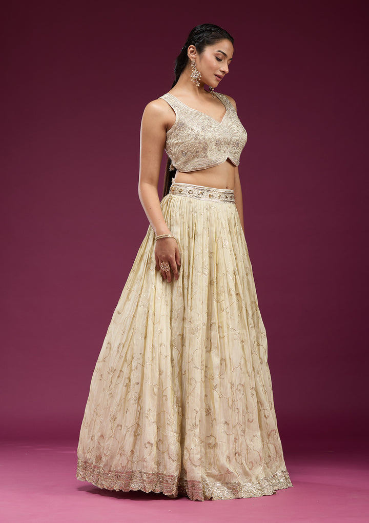 Cream Zariwork Semi Crepe Readymade Lehenga