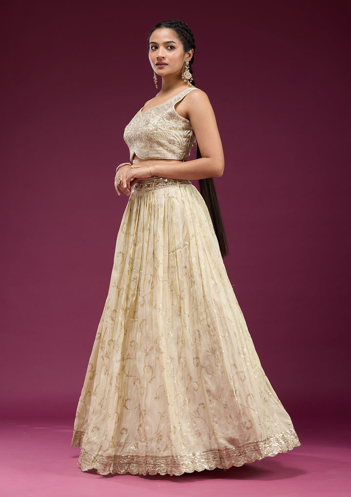 Cream Zariwork Semi Crepe Readymade Lehenga