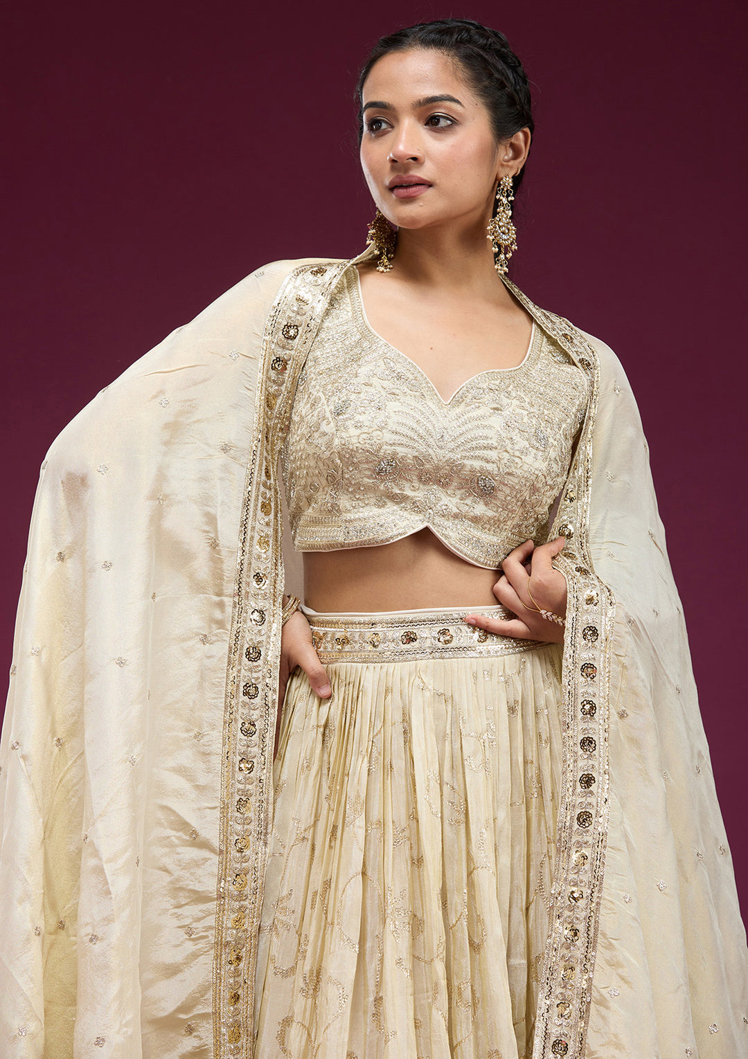 Cream Zariwork Semi Crepe Readymade Lehenga