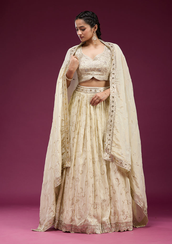 Cream Zariwork Semi Crepe Readymade Lehenga
